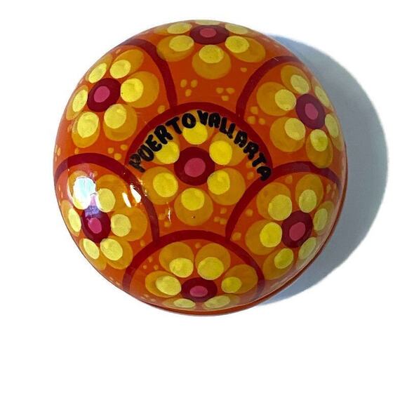 Mexican Redware Pottery Powder Box Signed Puerto Vallarta Trinket Orange Flowers - Picture 7 of 9